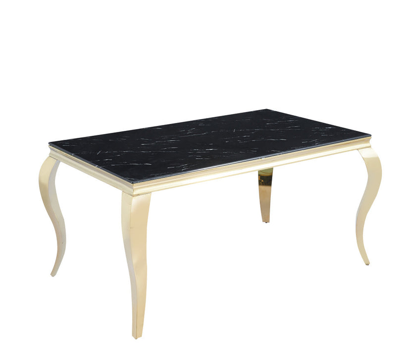 Table à manger BAROQUE 6 à 8 couverts pieds gold plateau en verre 180x90 cm marbré noir