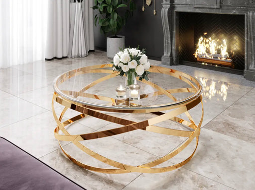 Table Basse EVOL structure Gold et plateau en verre D 100cm transparent