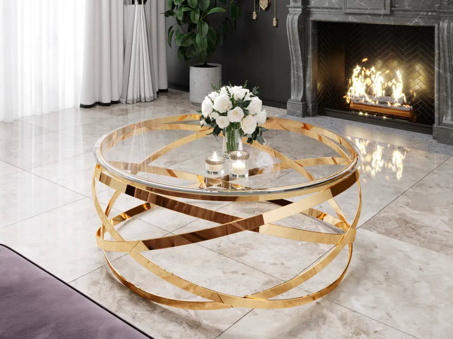 Table Basse EVOL structure Gold et plateau en verre D 100cm transparent