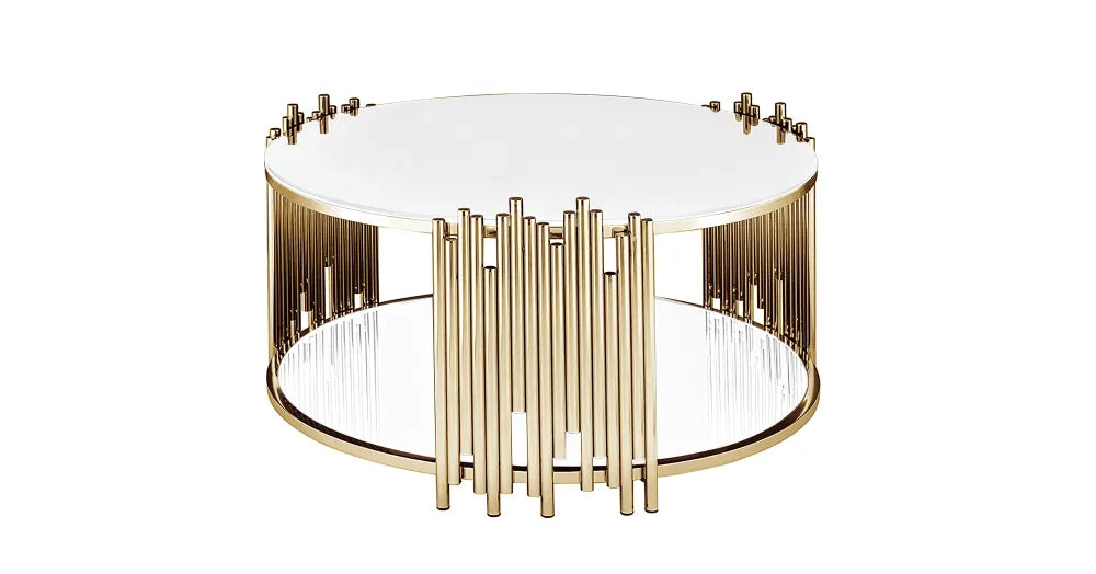 Table Basse ronde STICK Gold et plateau en verre D90 H45 cm blanc