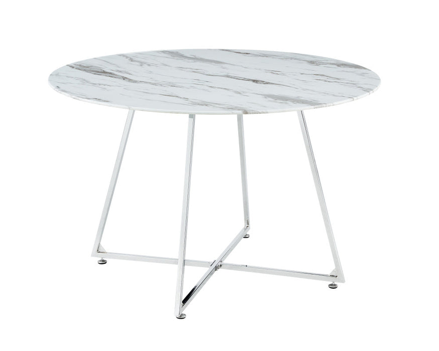 Table à manger ronde 4 personnes HELOISE Chrome verre blanc D120 cm marbré blanc