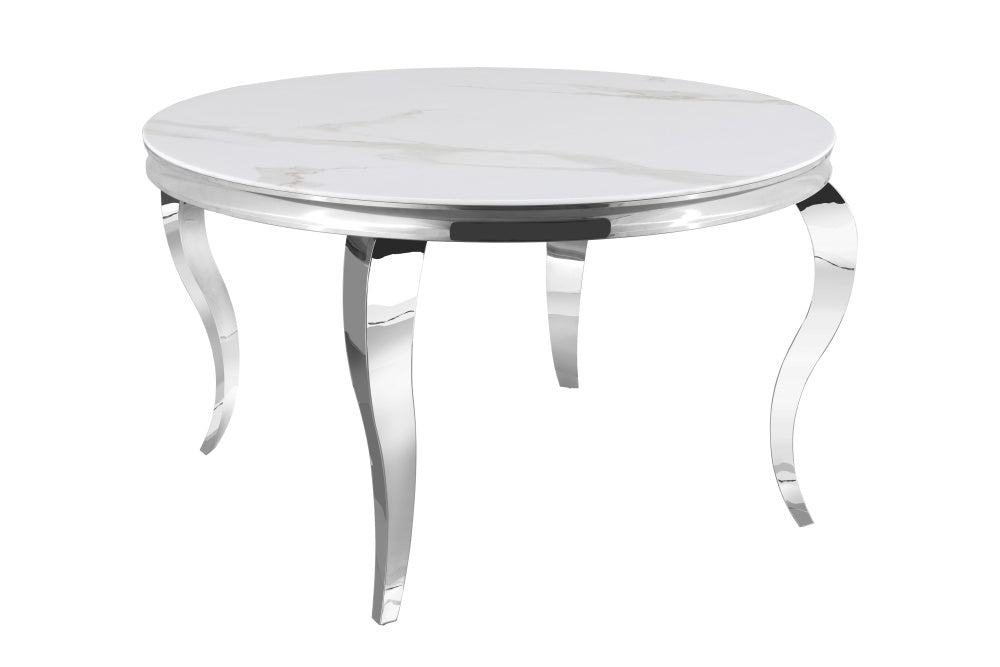 Table à manger ronde BAROQUE chrome  130x75 cm marbré blanc