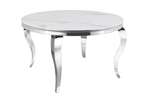 Table à manger ronde BAROQUE chrome  130x75 cm marbré blanc