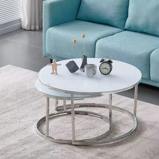 Table Basse Gigogne ARTO inox et plateau en verre blanc