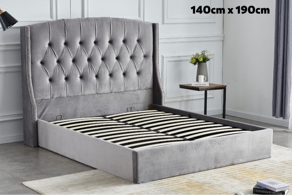 Lit Coffre 2 places 140x190 cm SULTAN velours sommier intégré gris