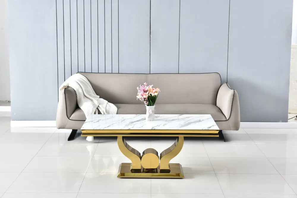 Table basse Trofy Gold et plateau en verre 120x70 cm marbré blanc