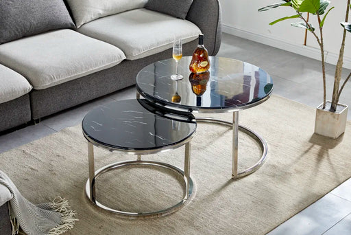 Table Basse Gigogne ARTO inox et plateau en verre marbré noir