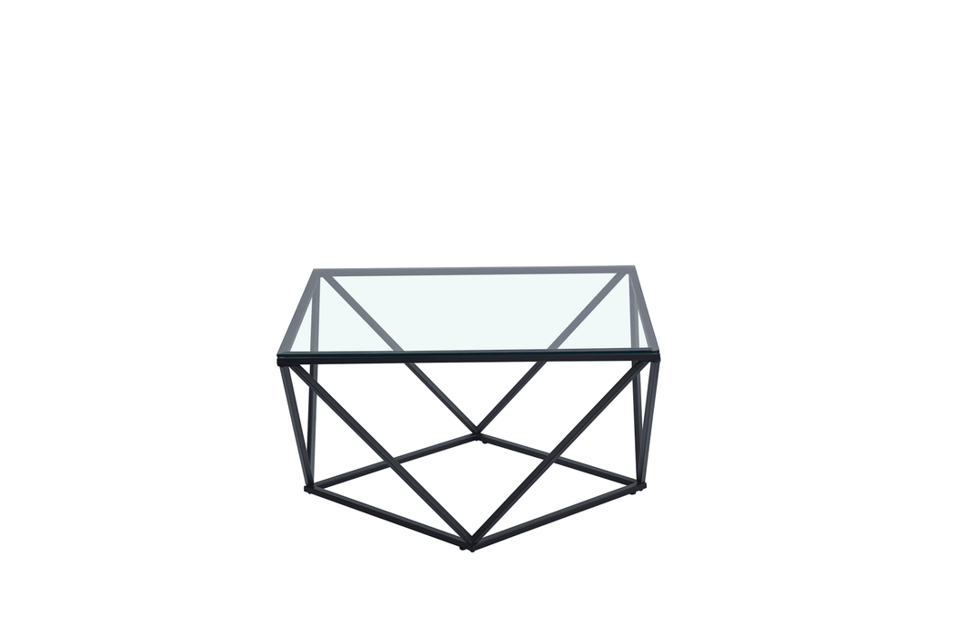 TABLE BASSE ALINA METAL NOIR VERRE TRANSPARENT 80X80X45CM