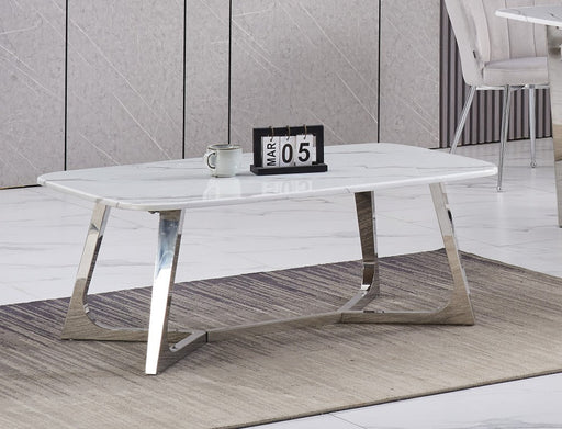 Table Basse GOSSIP Inox plateau en Granite Marbré Blanc 120x70 cm chrome