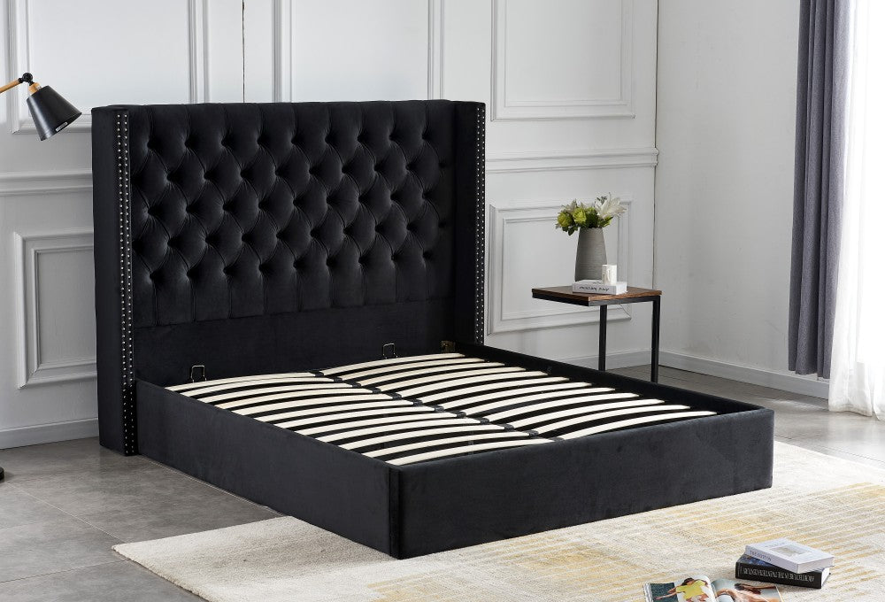 Lit COFFRE 2 places 140X190 cm cm CLOUTE velours noir