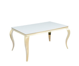 Table à manger BAROQUE 4 à 6 couverts pieds gold plateau en verre 150x90 cm blanc