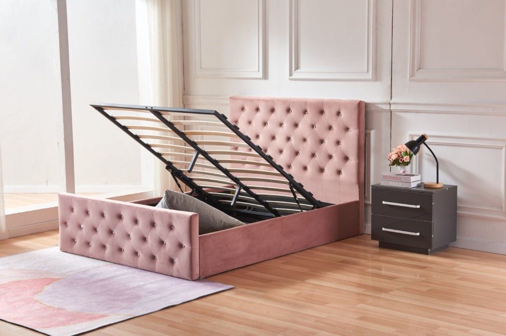 Lit coffre 2 places 140X190 cm VICTORIA Velours rose