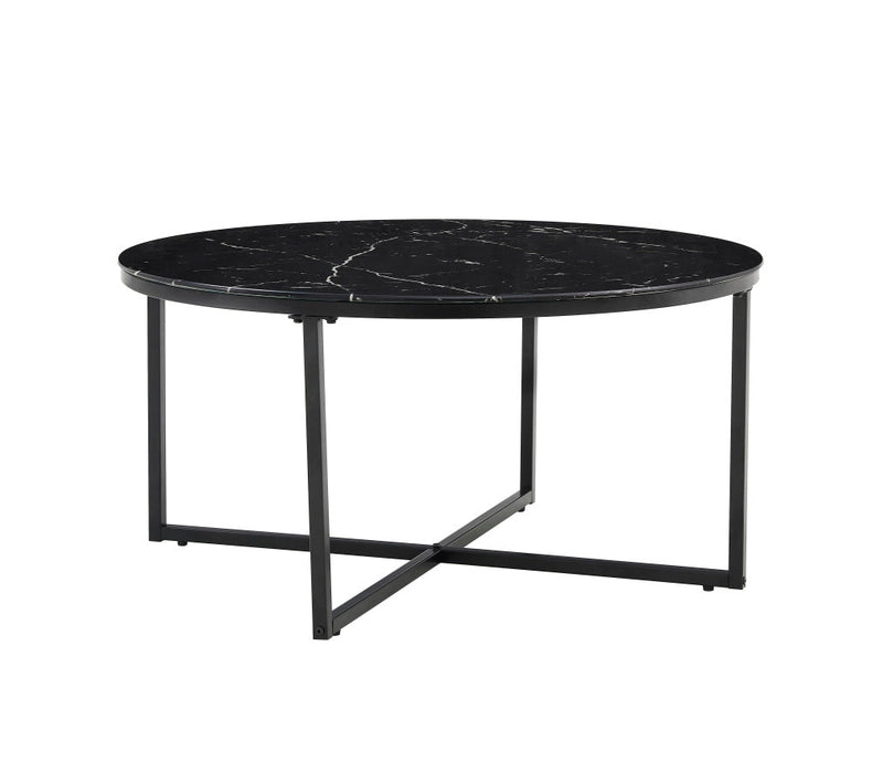 Table basse ronde LORIE métal noir plateau en verre D90 cm marbré noir