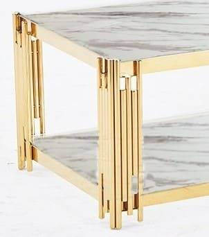 Table Basse FLUTE Gold et plateau en verre 120x60x45 cm marbré blanc