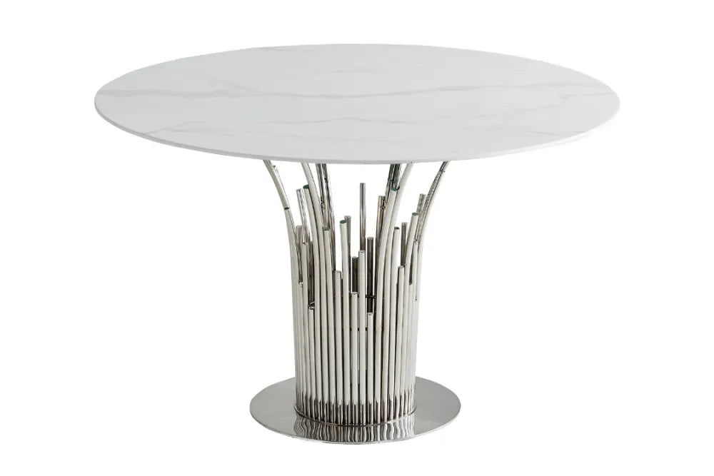 Table à manger ronde FLUTE Chrome marbré blanc