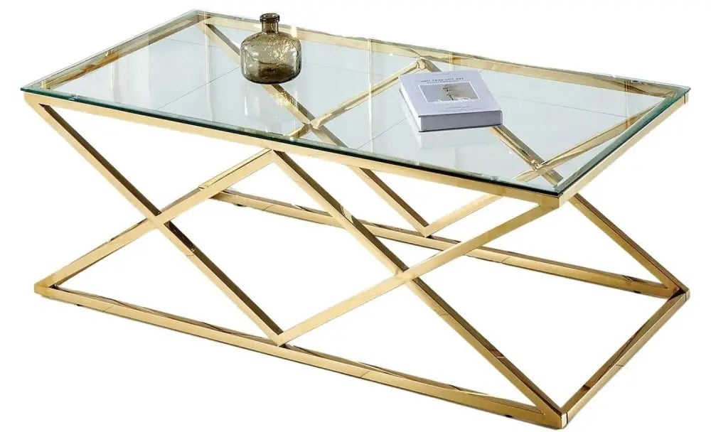 Table Basse TRIANGLE Gold et plateau en verre 120x60 cm transparent