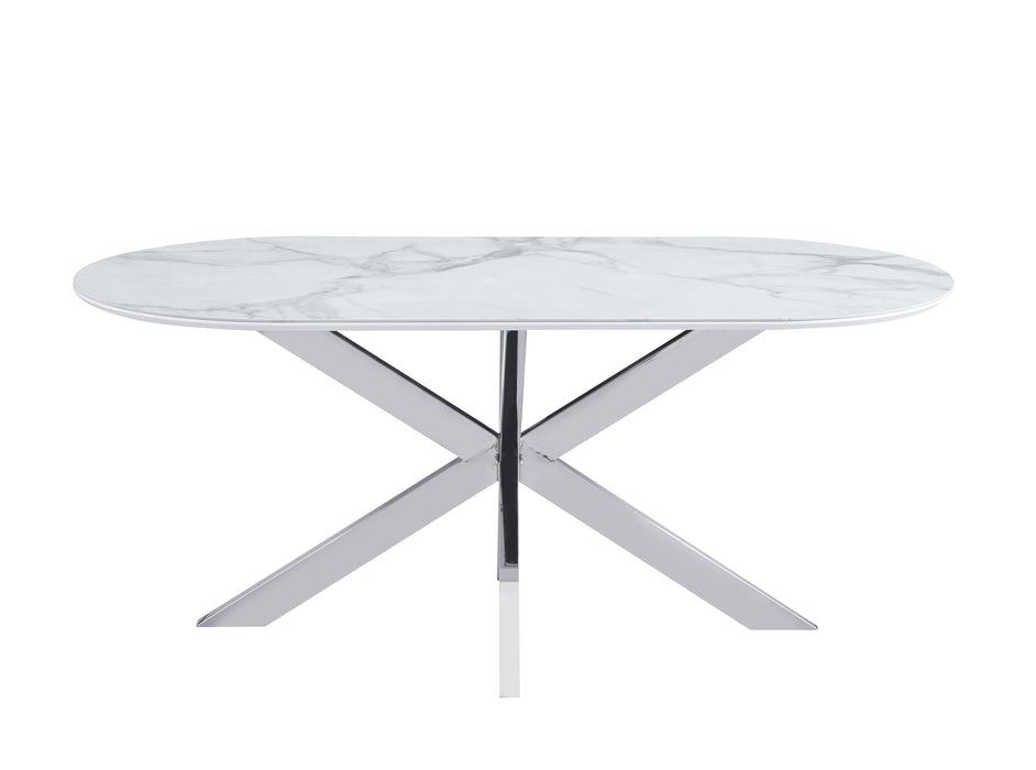 TABLE REPAS MANON PIED CHROME PLATEAU CERAMIQUE MARBRE BLANC 180x90cm - image 1