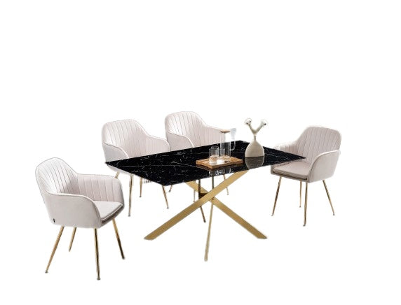 Table Repas JESSICA Gold et plateau en verre 150 cm 4 à 6 couverts marbré noir