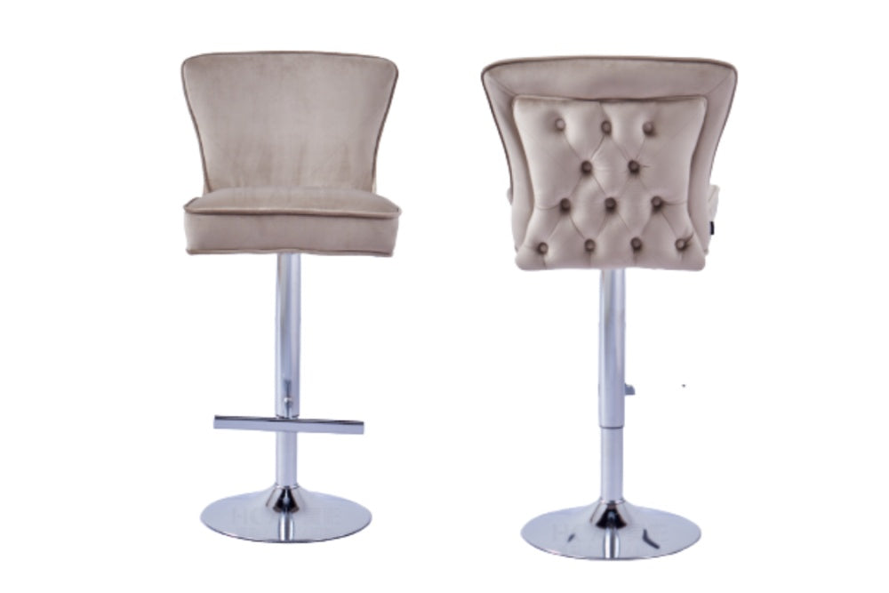 Tabouret de bar GABRIELLE Chrome en velours taupe