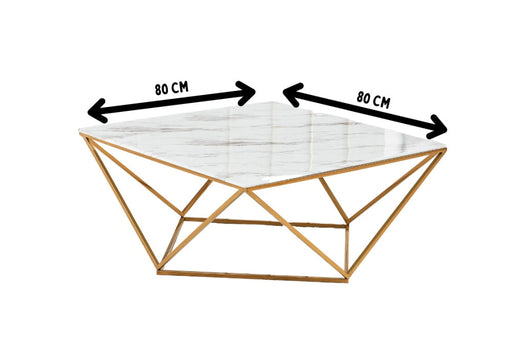 Table Basse ALINA Gold plateau en verre trempé 80x80x45 cm marbré blanc