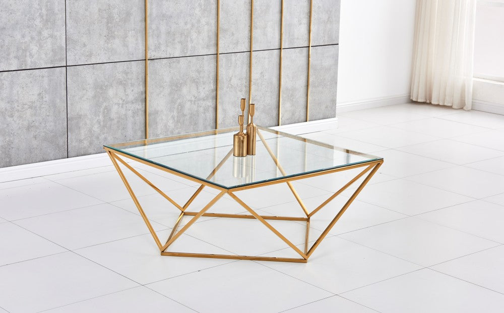 Table Basse ALINA Gold plateau en verre trempé 80x80x45 cm transparent