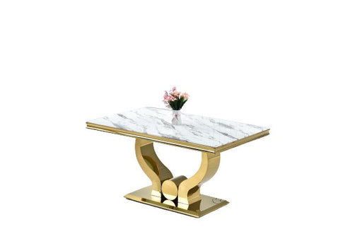 Table à manger TROFY 6 à 8 personnes gold verre 180x90 cm marbré blanc