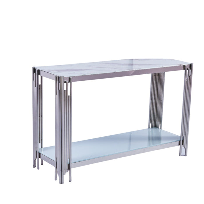 Console FLUTE Chrome plateau verre marbré blanc 120x40x78 cm