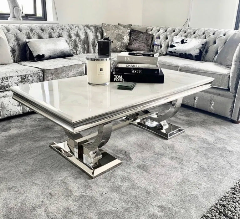 Table Basse Omega Chrome plateau verre 120x70 cmv marbré blanc