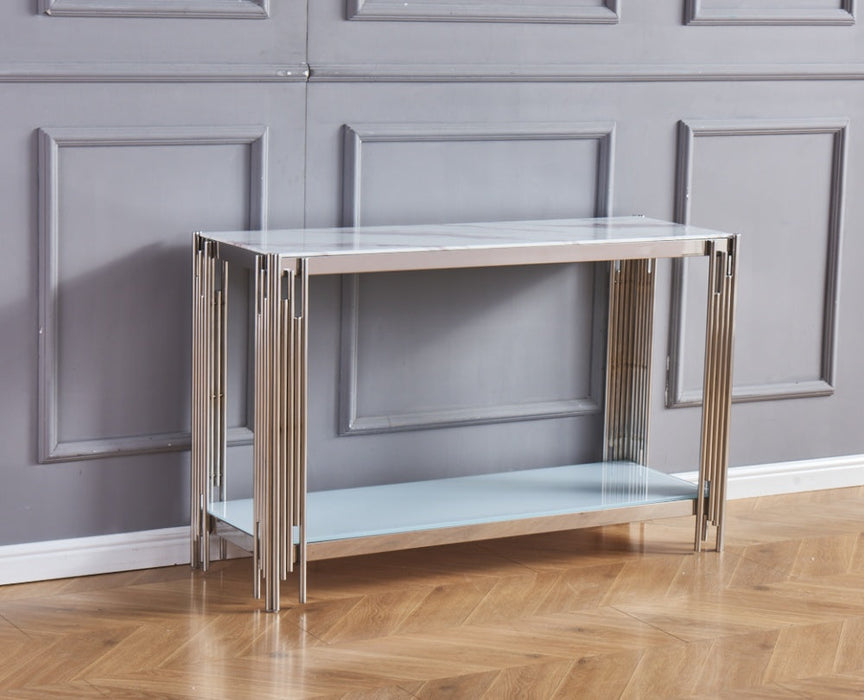 Console FLUTE Chrome plateau verre marbré blanc120x40x78 cm