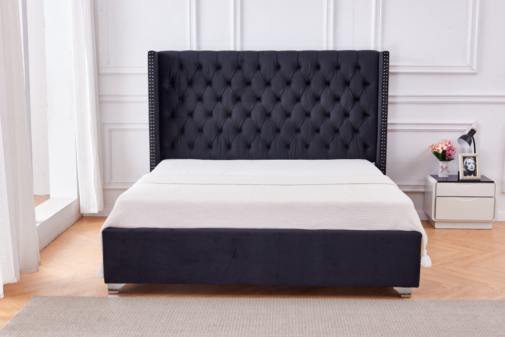 Lit double 180X200 cm PRINCESSE velours sommier inclus noir