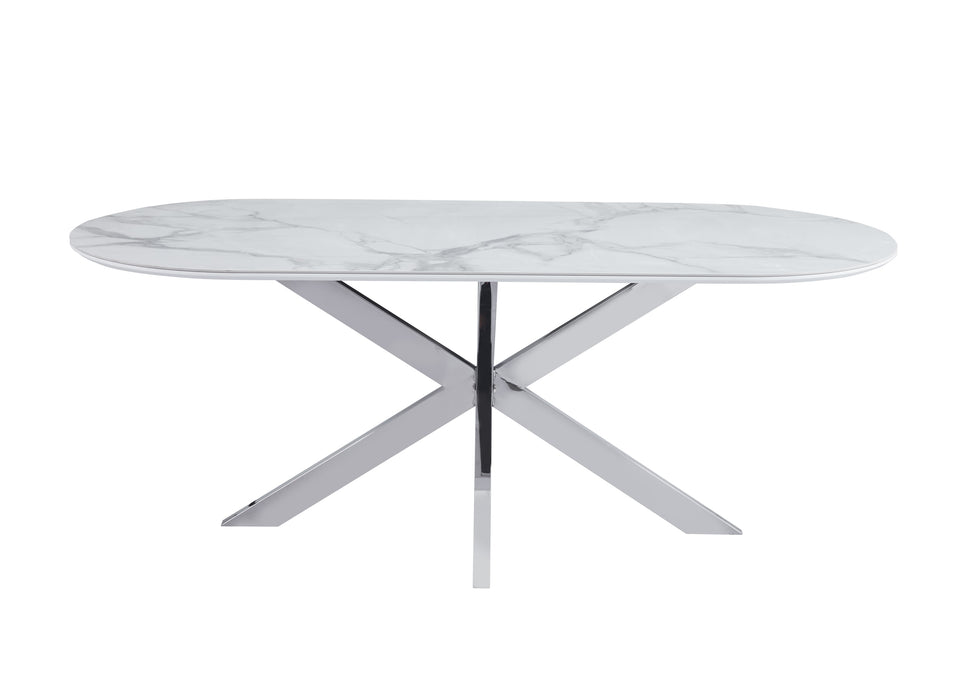 TABLE REPAS MANON PIED CHROME PLATEAU CERAMIQUE MARBRE BLANC 200x100cm - image 1