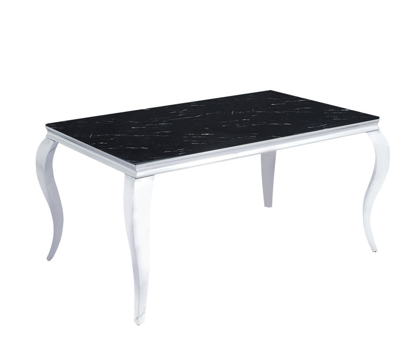 Table à manger BAROQUE 6 à 8 couverts pieds chrome plateau en verre 180x90 cm marbré noir