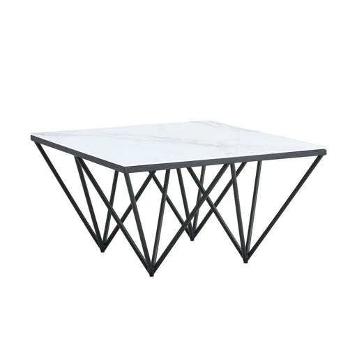 Table Basse carré GIZE pied métal noir et plateau en verre 80x80 cm marbré blanc