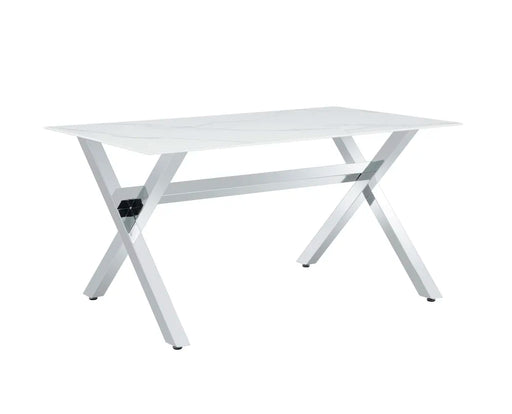 Table à manger IXE chrome plateau en verre trempé 150 cm marbré blanc