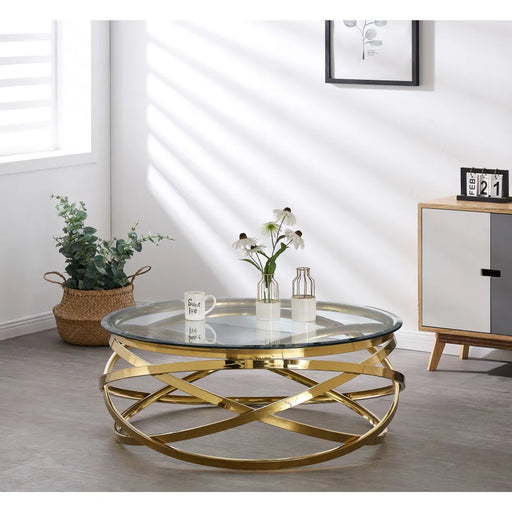 Table Basse EVOL structure Gold et plateau en verre D 90cm transparent