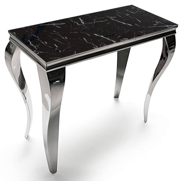 Console BAROQUE Chrome plateau en verre marbré-noir 110x50x85 cm 