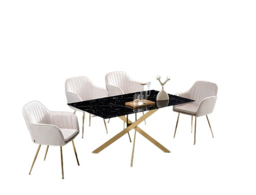 Table Repas JESSICA Gold et plateau en verre 180 cm 6 à 8 couverts marbré noir