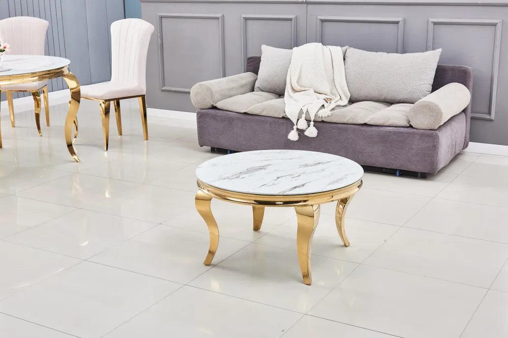 Table basse ronde baroque Gold et plateau en verre de 80 cm  marbré blanc