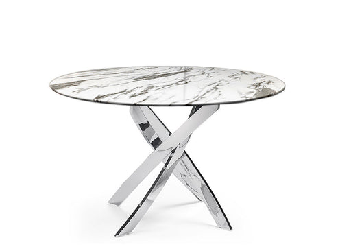 Table a manger ronde JESSICA chrome 100 cm 4 couverts marbré blanc