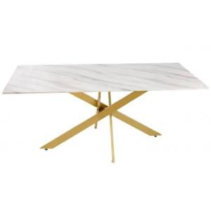 Table Repas JESSICA Gold et plateau en verre 180 cm 6 à 8 couverts marbré blanc