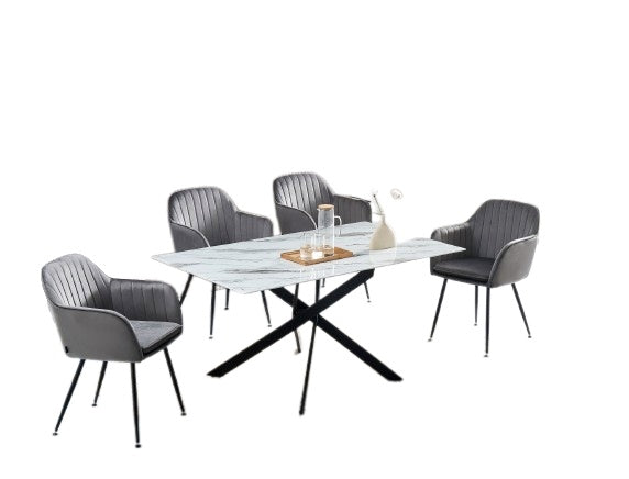 Table Repas JESSICA Métal noir et plateau en verre 180 cm 6 à 8 couverts marbré blanc