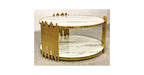 Table Basse ronde STICK Gold et plateau en verre D90 H45 cm marbré blanc