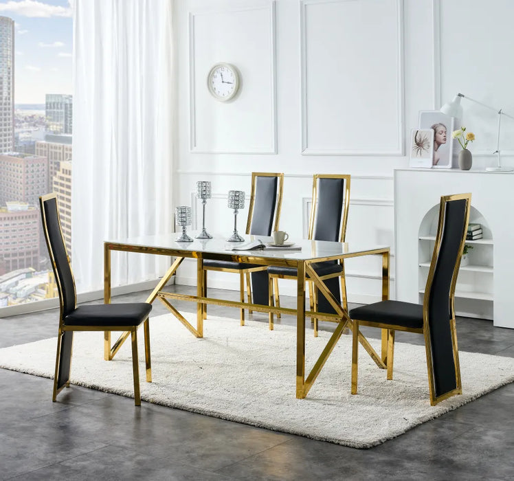 Table à manger MAJESTIQUE Gold Plateau en verre trempé marbré blanc