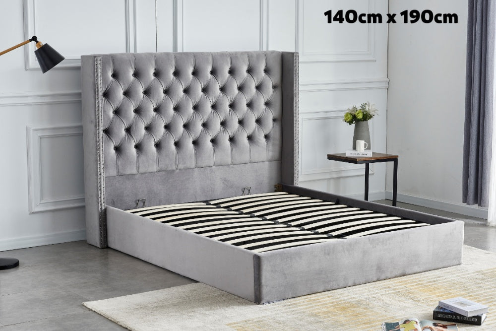 Lit COFFRE 2 places 140X190 cm cm CLOUTE velours gris