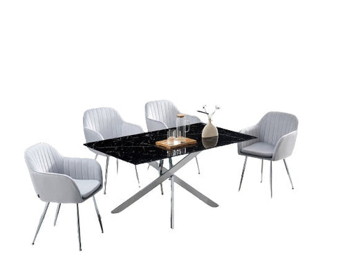 Table Repas JESSICA Chrome et plateau en verre 150 cm 4 à 6 couverts marbré noir