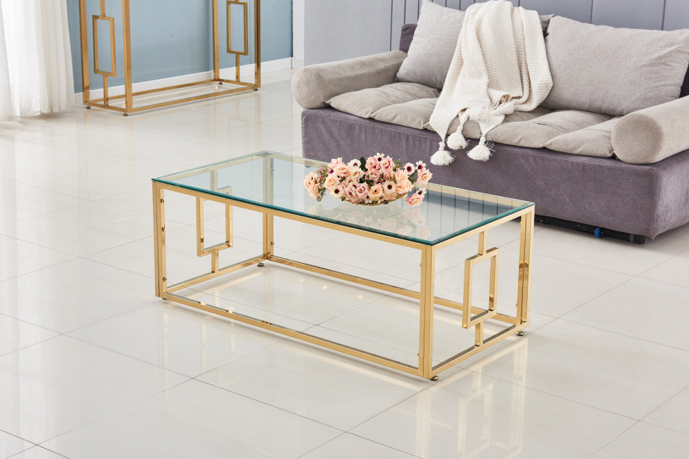 Table basse SOPHIE  pieds Gold 120 cm transparent