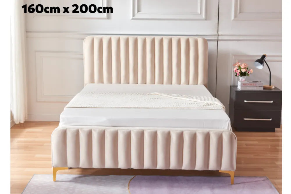 Lit 2 places 160x200 cm FAYE design velours sommier inclus beige