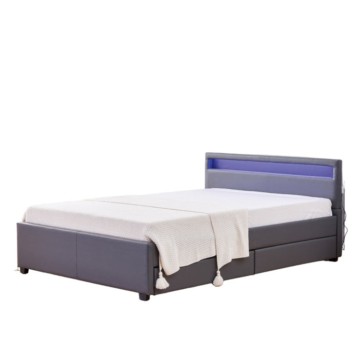 Lit adulte 160x200 cm TIROIRS et LED sommier inclus gris