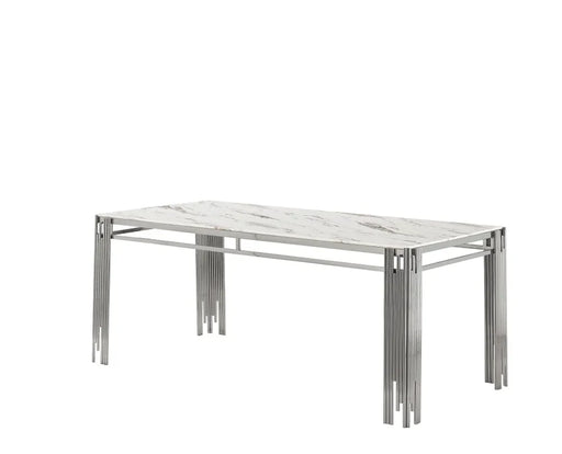 Table à manger FLUTE Chrome Plateau en verre Marbré 150 cm marbré blanc