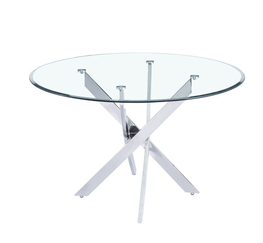 Table a manger ronde JESSICA XXL chrome 120 cm 4 couverts transparent